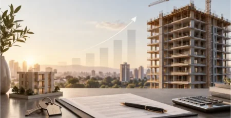 Apartamento em construção com documentos e calculadora representando o impacto do INCC nas parcelas durante a obra.