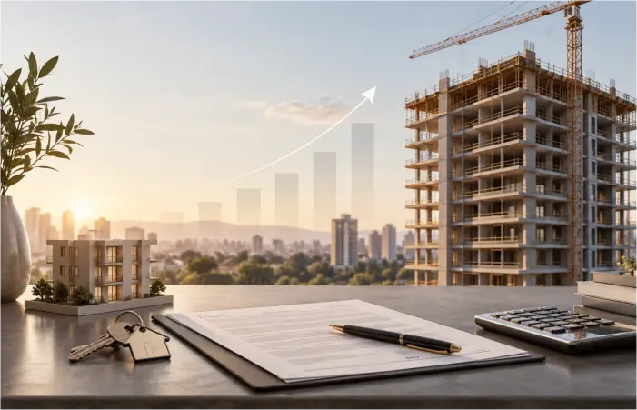 Apartamento em construção com documentos e calculadora representando o impacto do INCC nas parcelas durante a obra.