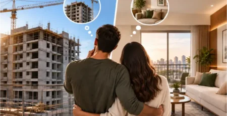 Comparação entre apartamento em construção e apartamento pronto para morar, representando diferentes momentos de compra de um imóvel.