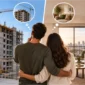 Comparação entre apartamento em construção e apartamento pronto para morar, representando diferentes momentos de compra de um imóvel.