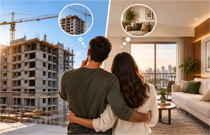 Comparação entre apartamento em construção e apartamento pronto para morar, representando diferentes momentos de compra de um imóvel.
