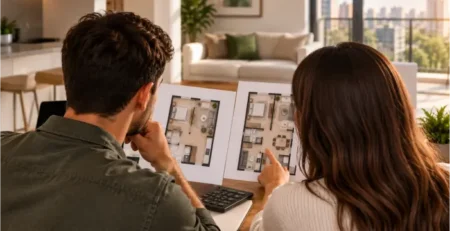 Comparação de plantas de apartamentos de 1 e 2 dormitórios para avaliar espaço e orçamento na compra do imóvel.