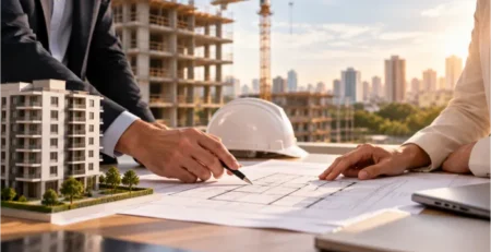 Projeto imobiliário e obra em andamento representando as responsabilidades da incorporadora e da construtora.