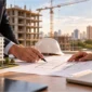 Projeto imobiliário e obra em andamento representando as responsabilidades da incorporadora e da construtora.