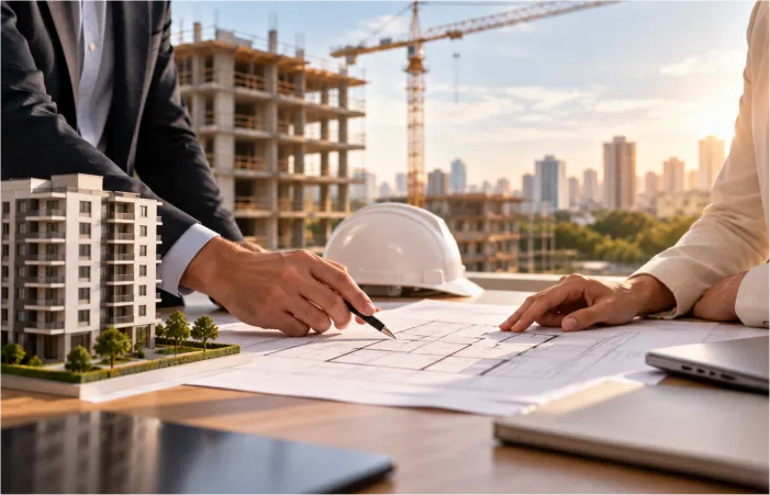 Projeto imobiliário e obra em andamento representando as responsabilidades da incorporadora e da construtora.