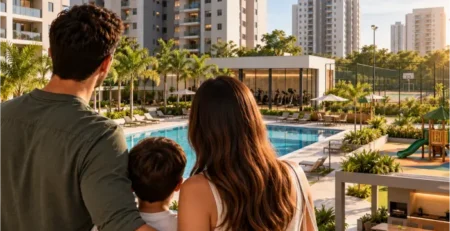 Condomínio-clube com piscina, áreas de lazer, academia, quadra e espaços de convivência.