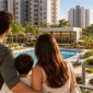 Condomínio-clube com piscina, áreas de lazer, academia, quadra e espaços de convivência.