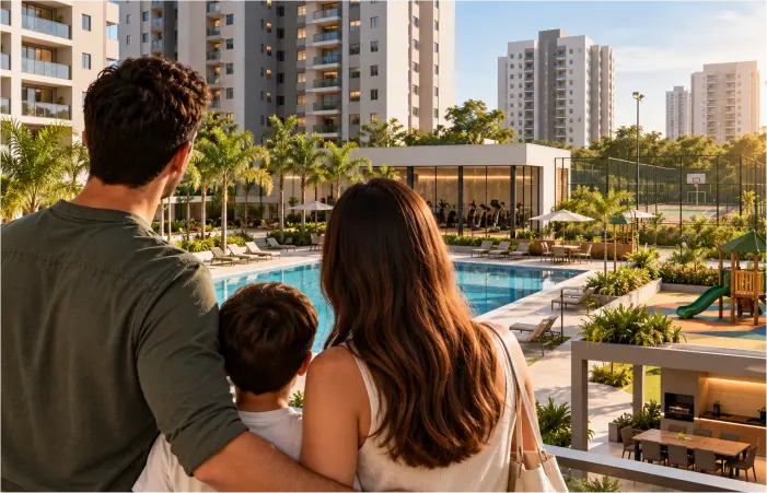 Condomínio-clube com piscina, áreas de lazer, academia, quadra e espaços de convivência.