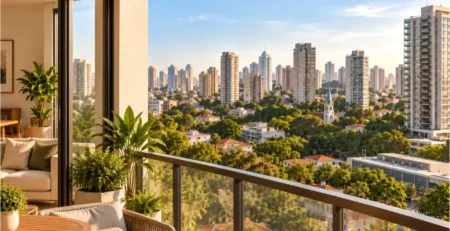 Vista urbana a partir de apartamento, com edifícios residenciais e áreas verdes no entorno.