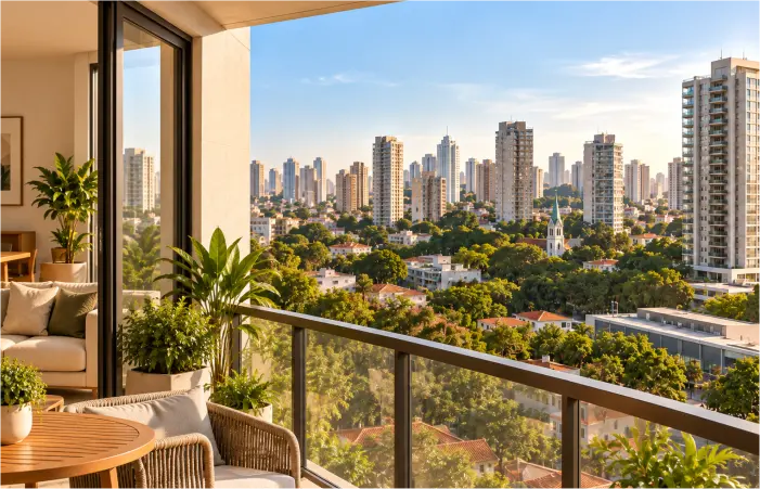 Vista urbana a partir de apartamento, com edifícios residenciais e áreas verdes no entorno.